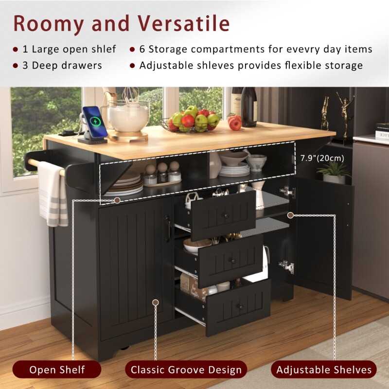 55.7'' Large Kitchen Island with 2 Drop Leaf Rolling Kitchen Cart on 5 Wheels
