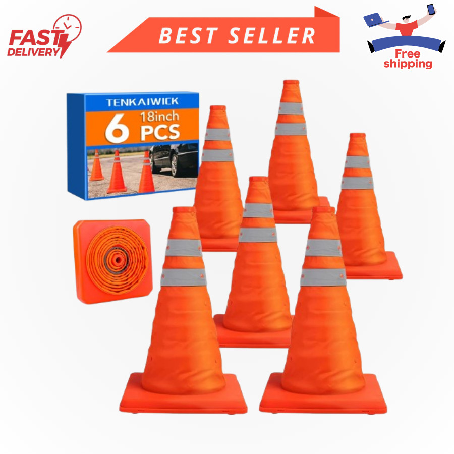 18 Inch 6 Pack Traffic Cones,Collapsible Safety Cones,Multi Purpose Pop-Up Cones