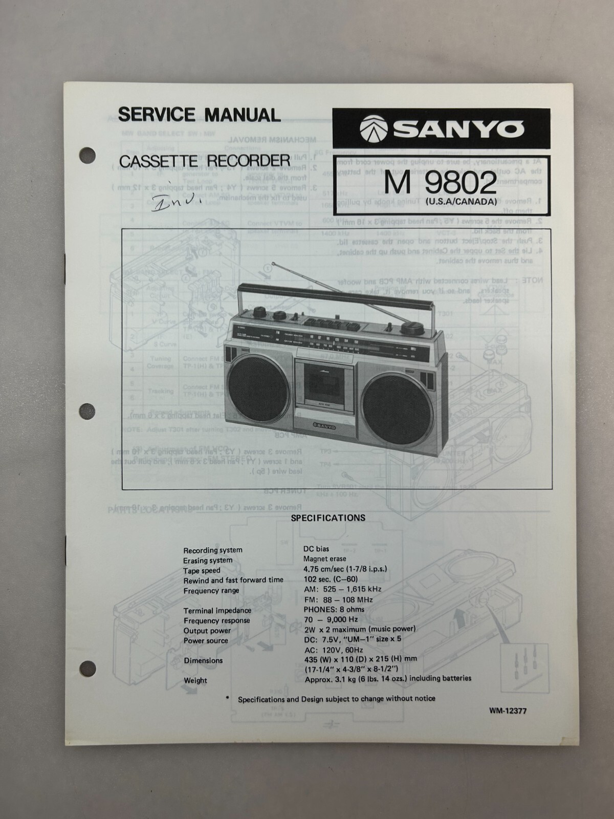 Sanyo M 9802 Original Service Manual Free Shipping