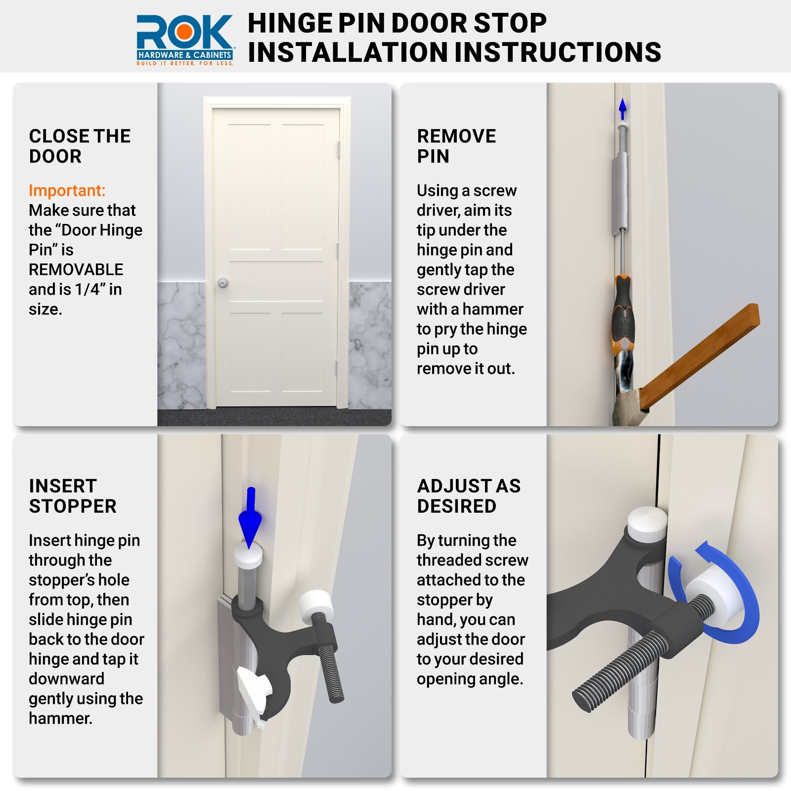 Rok Hardware Heavy Duty Hinge Pin Door Stop, Brushed Chrome
