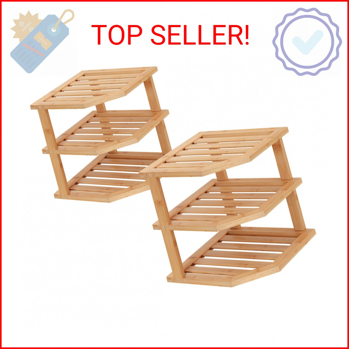 VERTORGAN 3 Tier Bamboo Corner Shelf(2 Pack),Plate Organizer,Dish Drying Rack,Ki