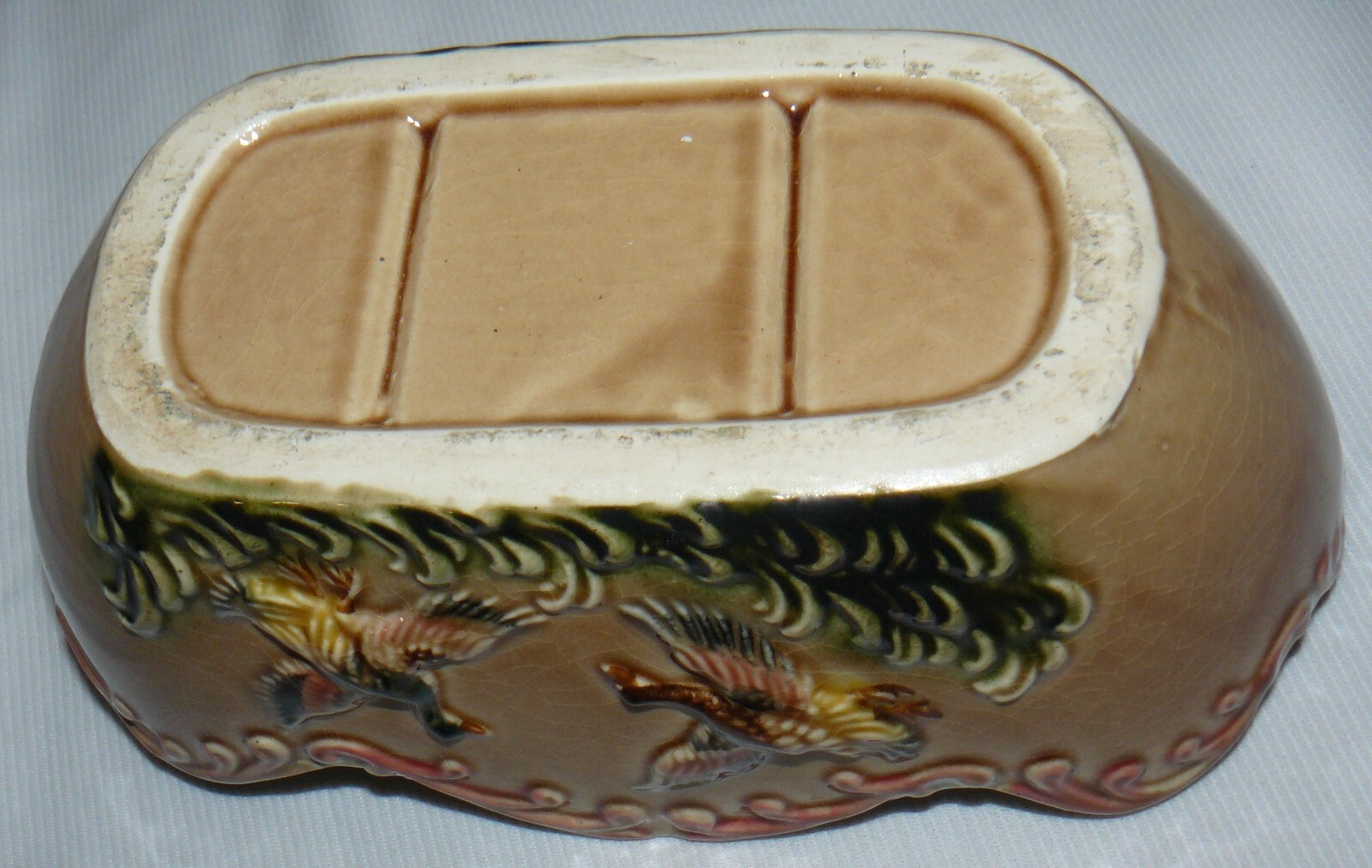 Vintage Square Oval Ruffle 9" Long Planter Crackle Ceramic Ducks In Flight