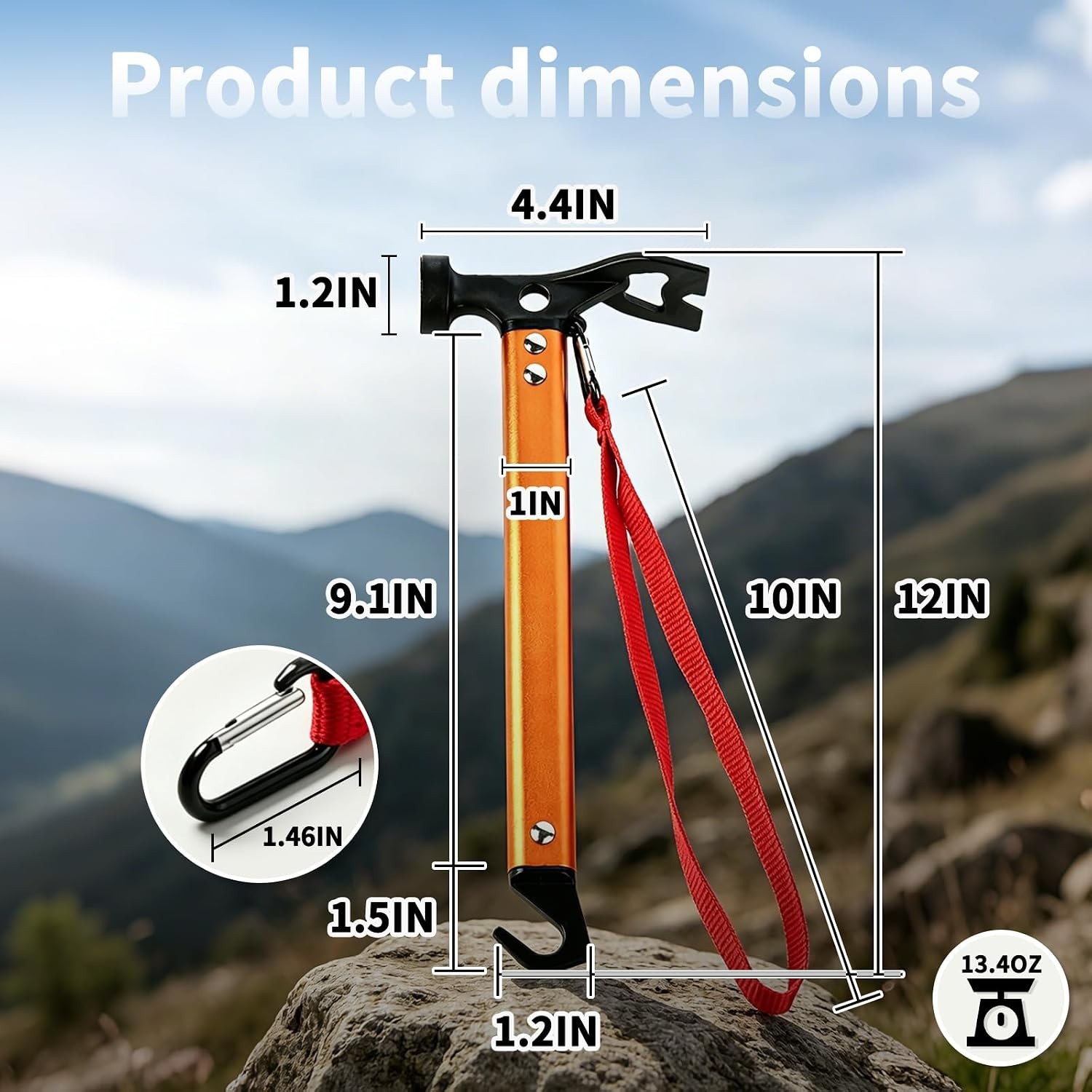 Bright Orange 12" Camping Hammer - Lightweight, 3-in-1 Functionality for Hikers