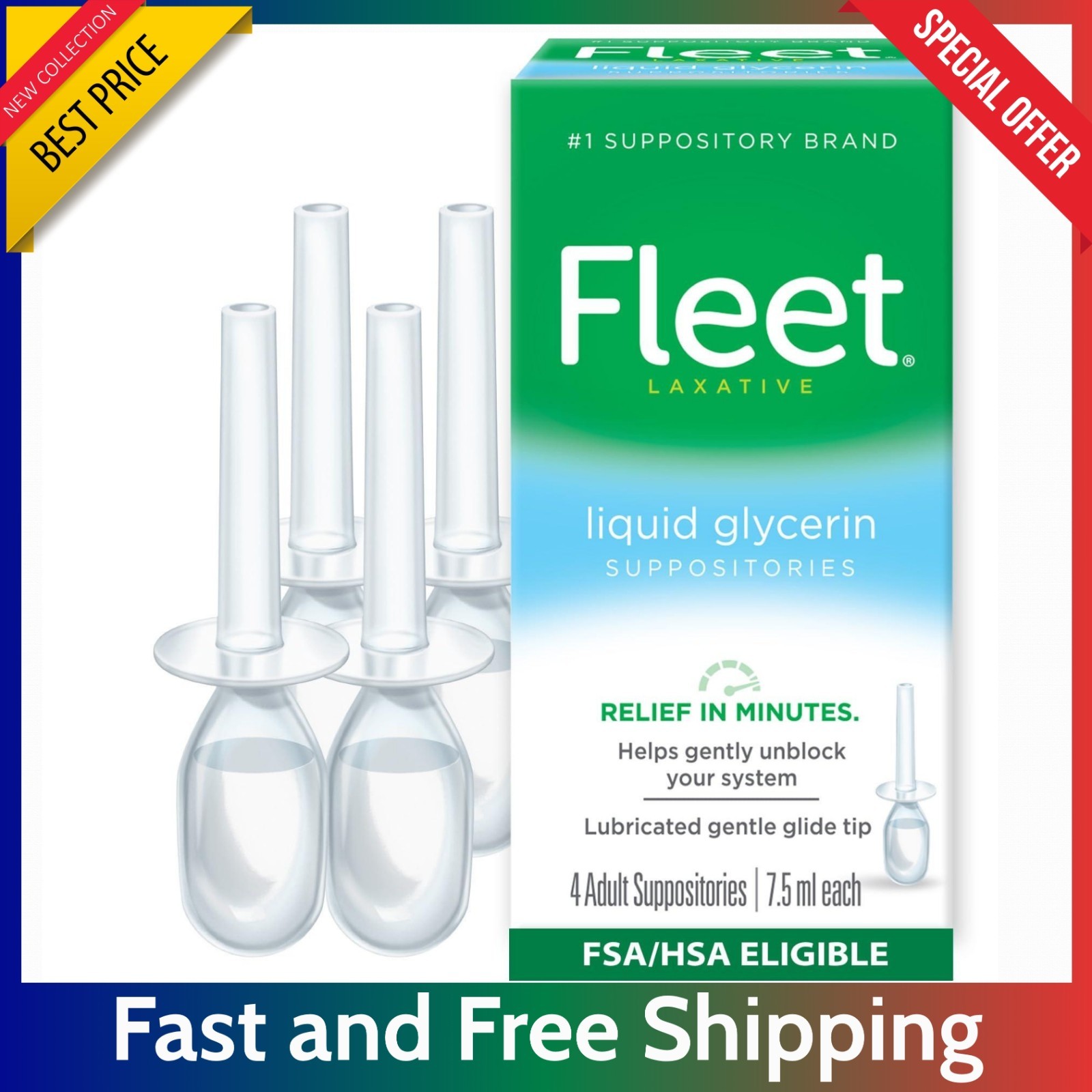 4 Pack Fleet Liquid Glycerin Suppositories  - 7.5mL Constipation Relief Laxative