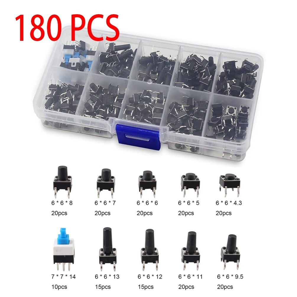 180Pcs 10 Value 4.3-14mm Small Miniature Momentary Tactile Push Button Switch