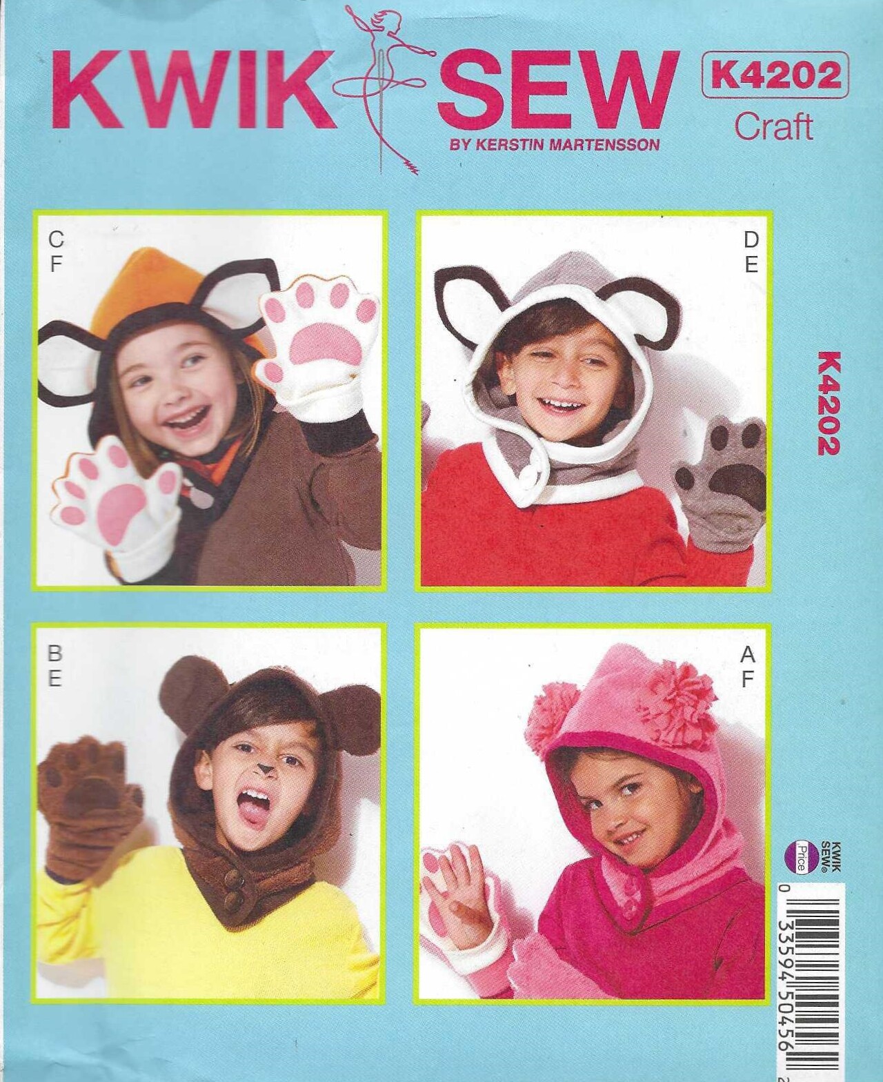 Girl's Boys Animal Hat Hood Ears & Paw Shaped Gloves UNCUT Winter