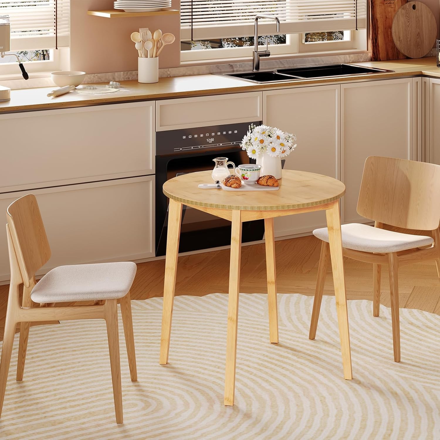 Bamboo Dining Table Round Dining Table 2 27.5" Kitchen Table Small Space Writing