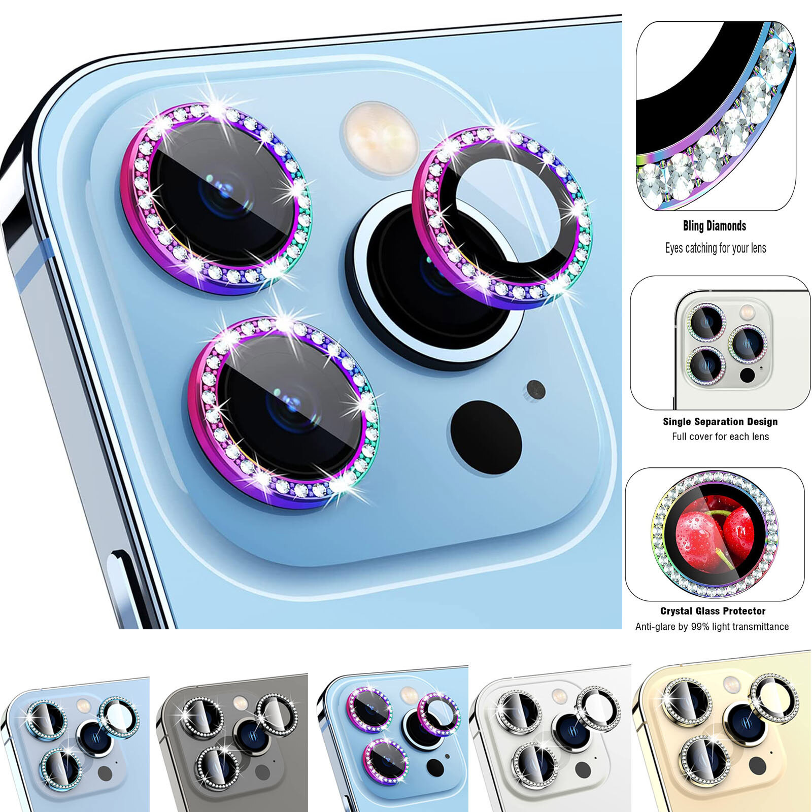 For iPhone 17 E/16/15/14/13/12 Tempered Glass Camera Len Protector Bling Diamond