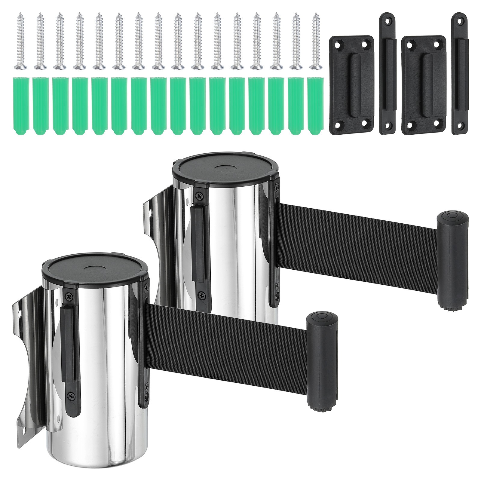 2 Pcs 16.4 Feet Fixed Wall Mount Retractable Belt Barrier,Silver Tone/Black