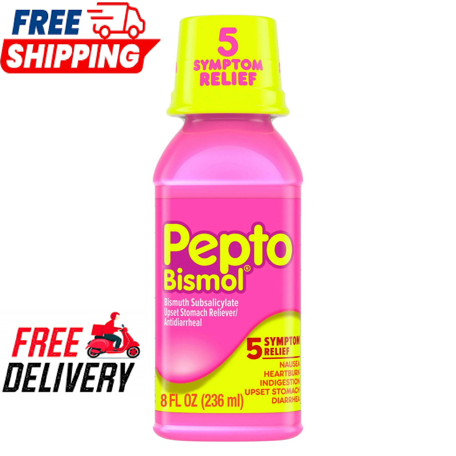 Pepto Bismol 5 Symptom Stomach Relief Liquid, Original, 8 Oz