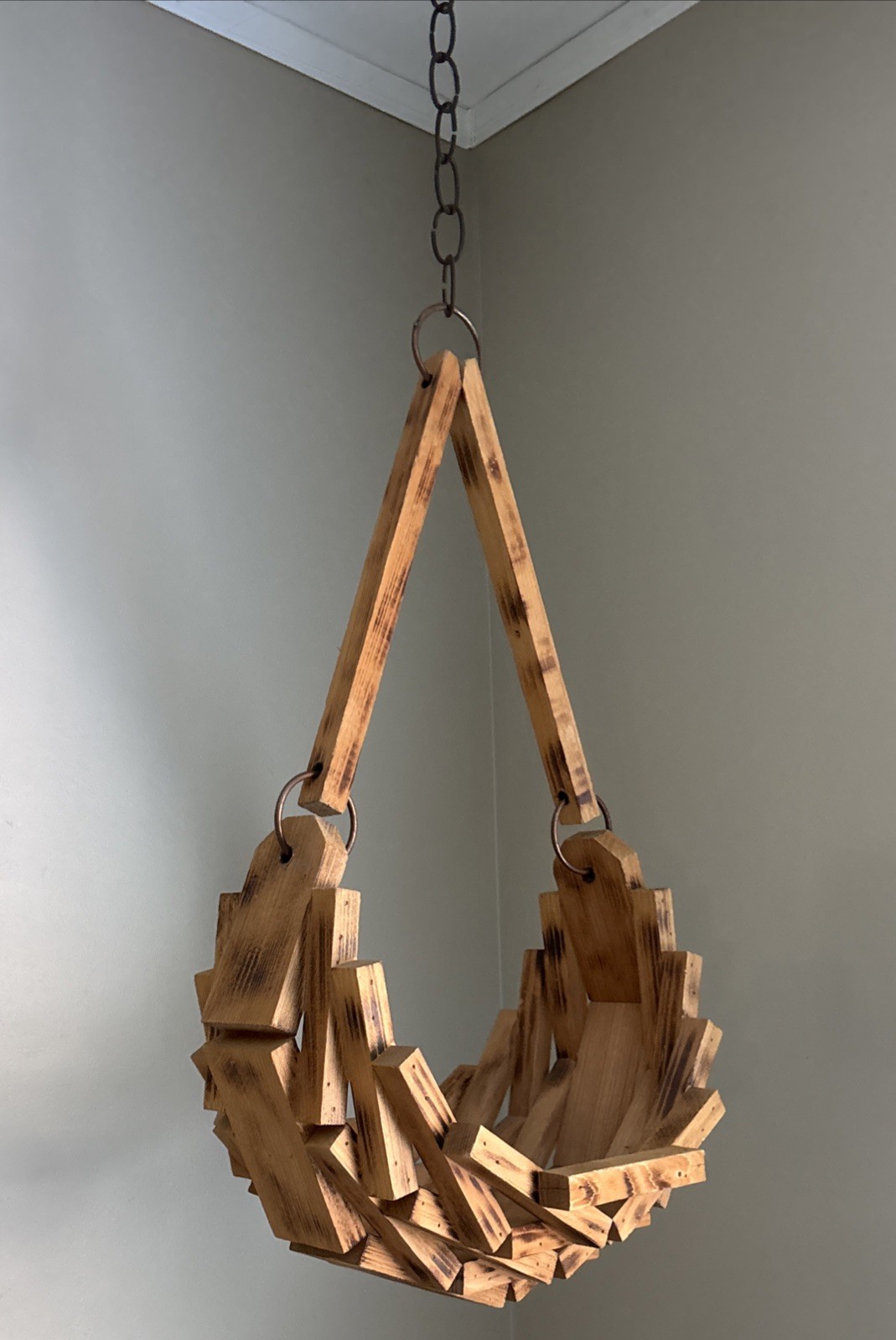 24" H Vintage MCM Wood Block Planter Hanging Plant Basket Boho Chic Whimsy Retro