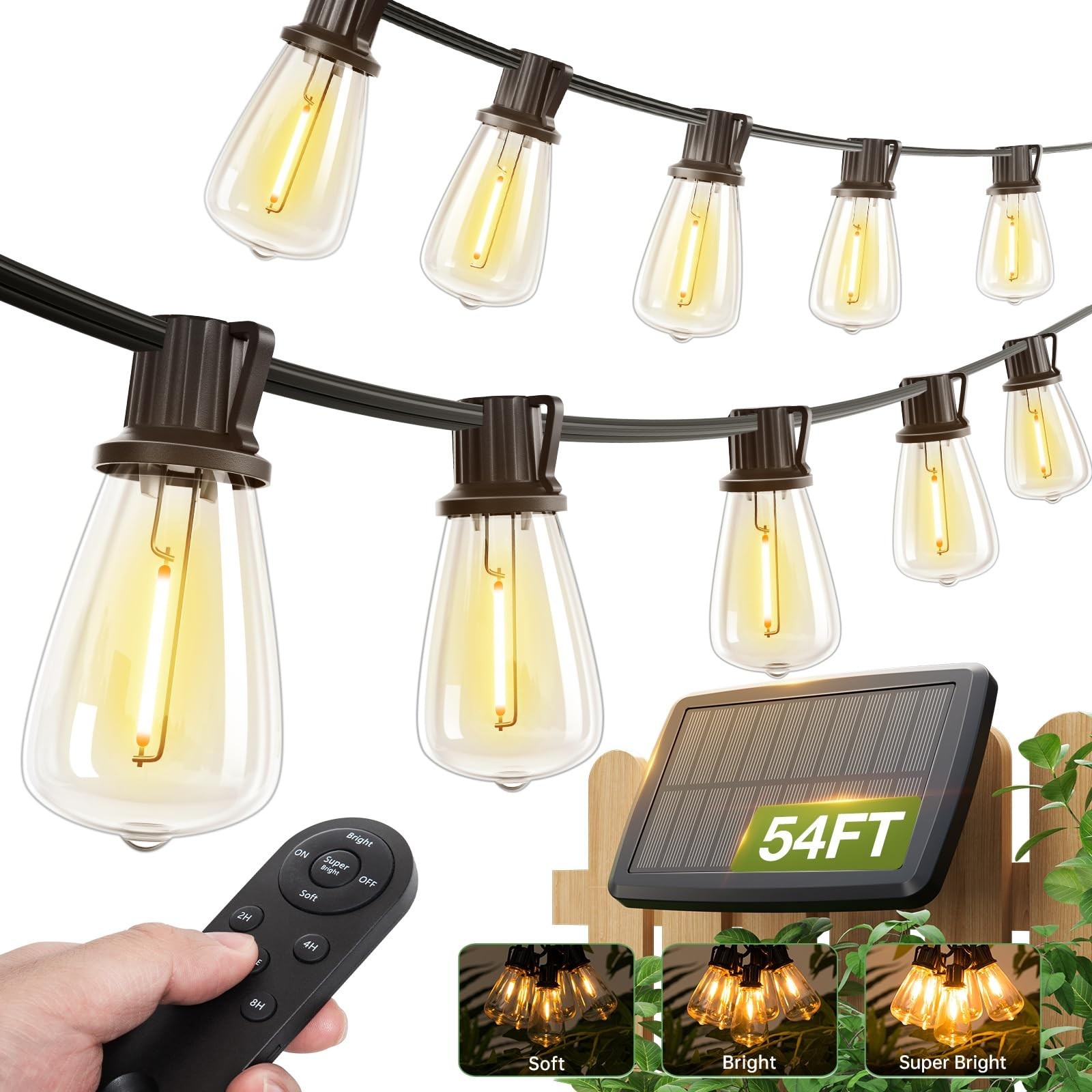 54FT Solar String Lights Waterproof, Remote & USB Powered, 15 Shatterproof Bulbs