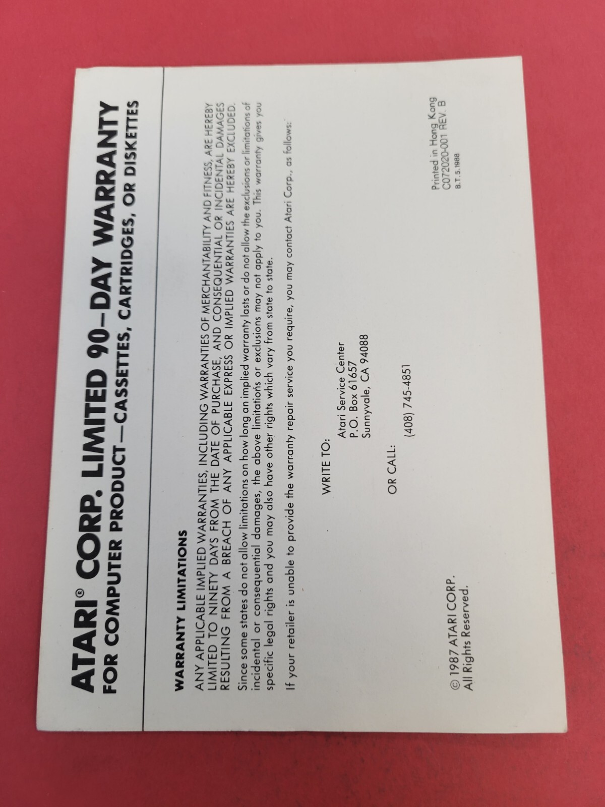 atari 90 day warranty insert