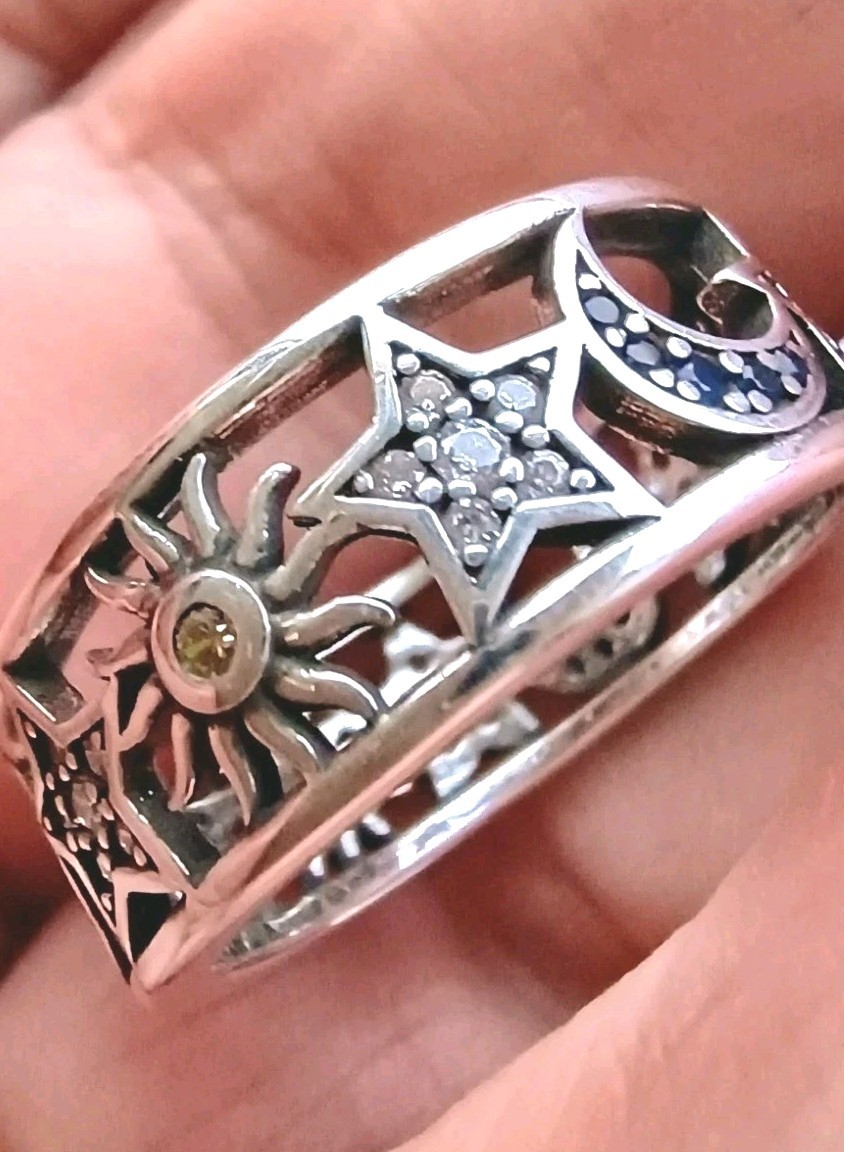 Sun Moon & Stars Ring Sterling Silver 925 Size 8 + Velvet Pouch