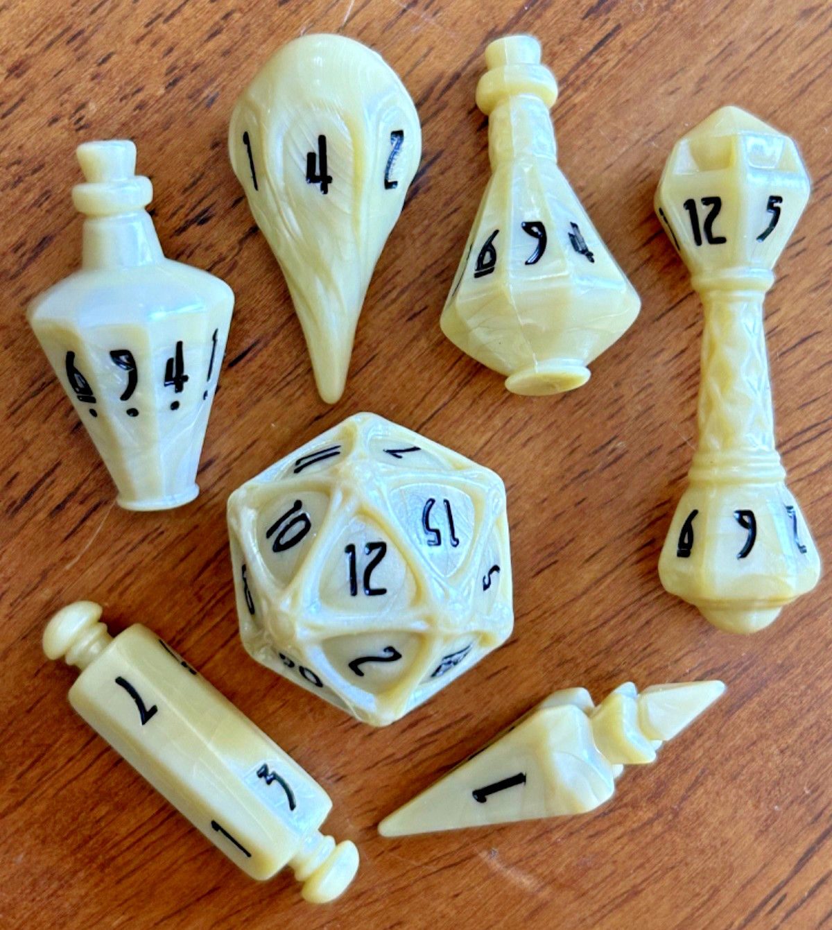 PolyHero Dice: WIZARD RPG Shaped 7 Dice Set Parchment/Black Orb, Potions, Scroll