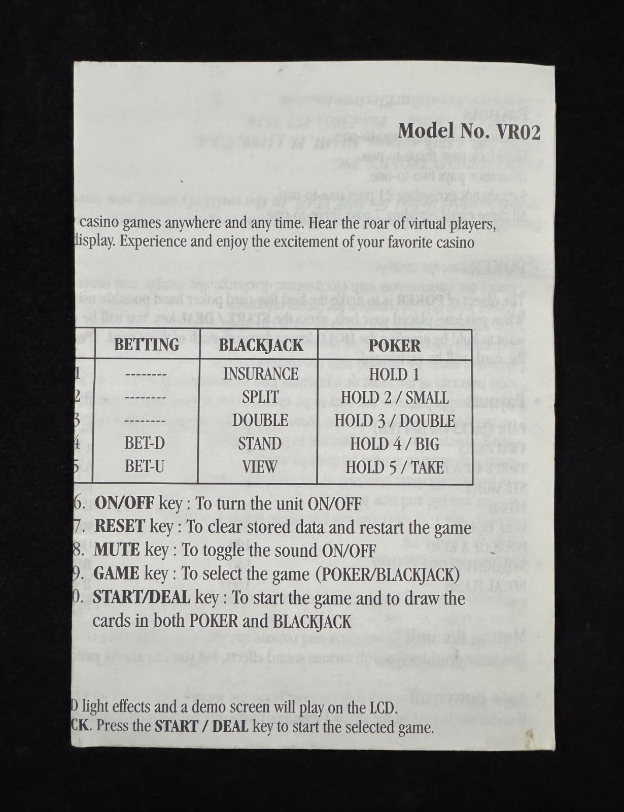 Vintage Virtual Casino Model No. VR02 Instruction Manual