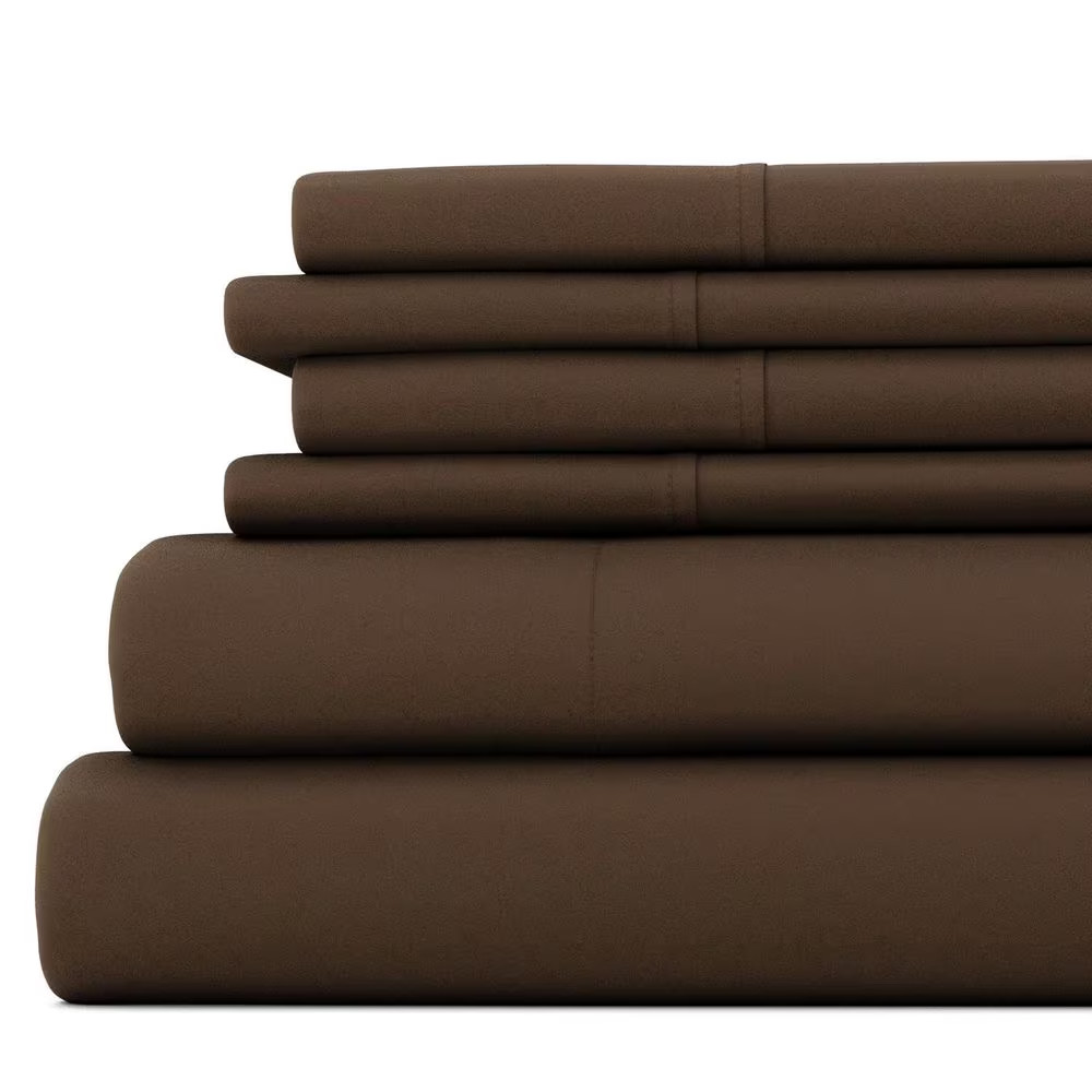 6-Piece Chocolate Solid Microfiber Queen Sheet Set Free Shipping New