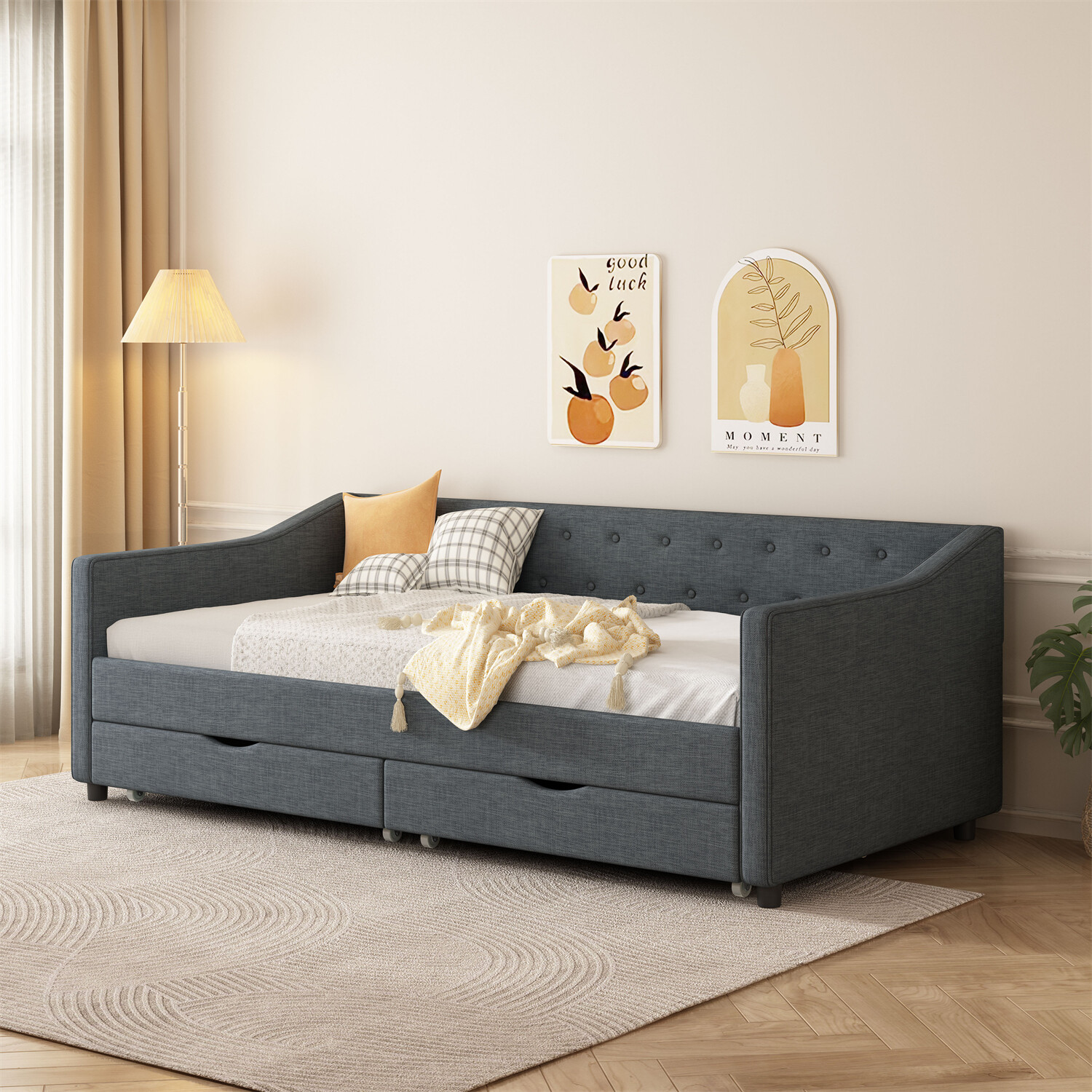 Twin Size Daybed Upholstered Bed Frame Sofa Bed with 2 Storage Drawers