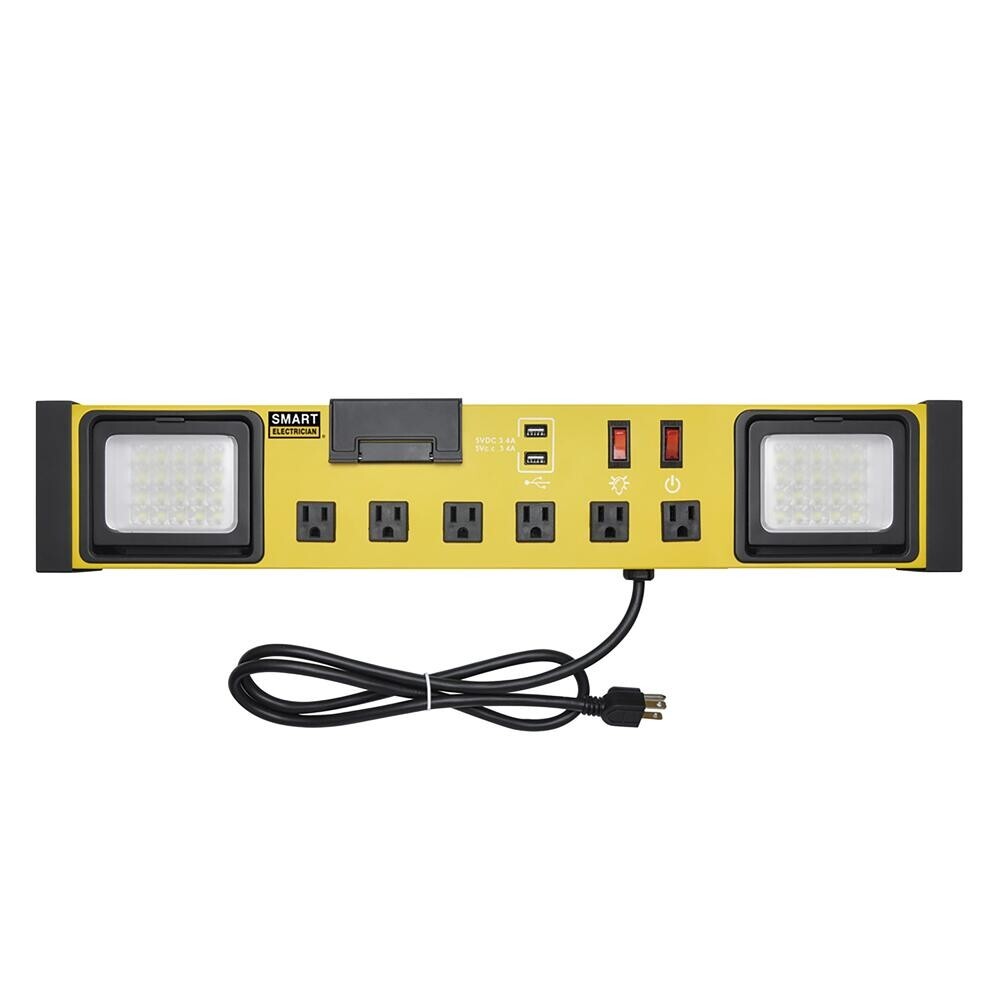 6 Outlet Surge Protected Workshop Bench Power Stip LED Lights 2 USB Ports