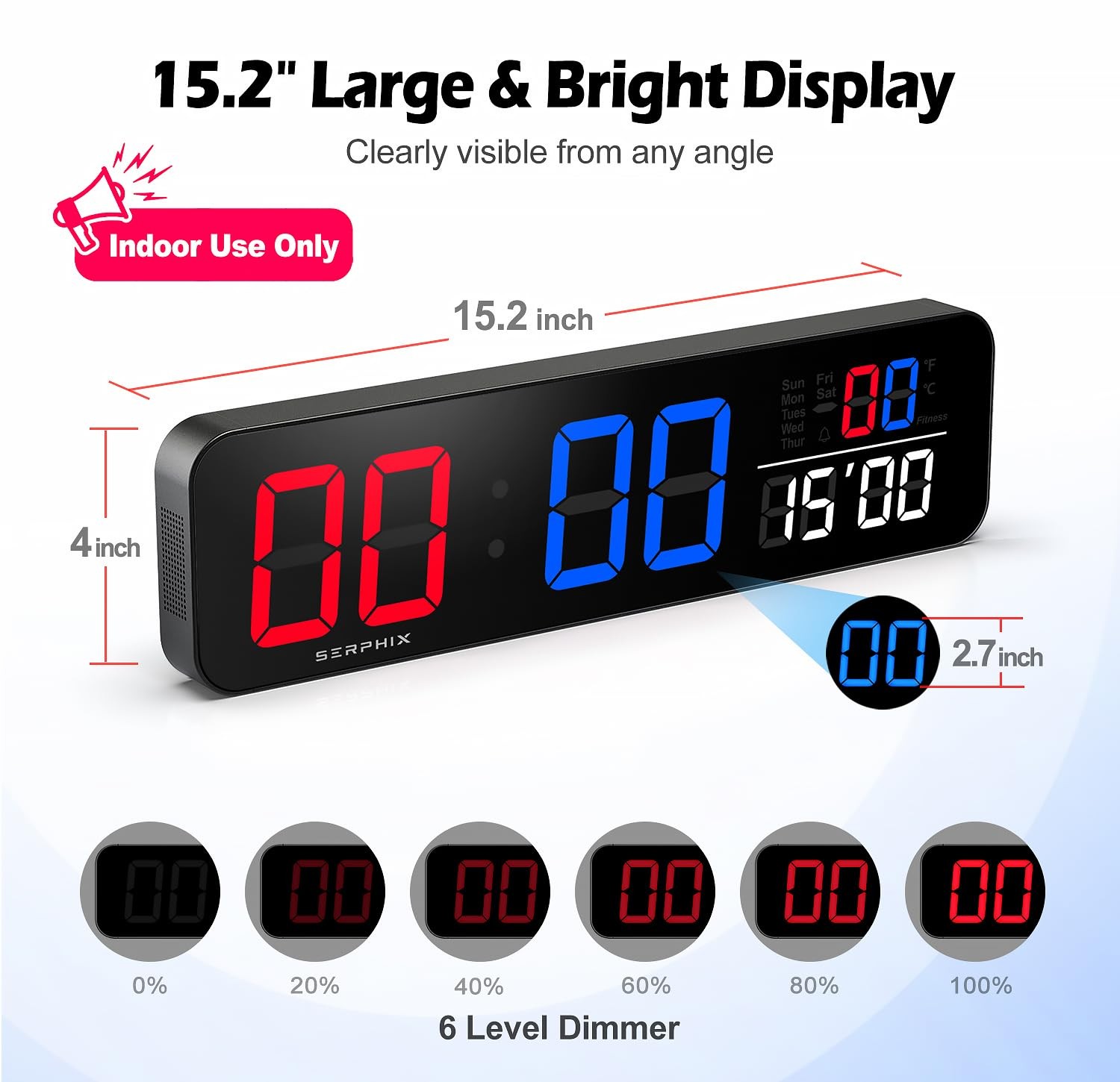 15.2" Digital Scoreboard Clock with Countdown Timer, Variable LED Color, Tabl...