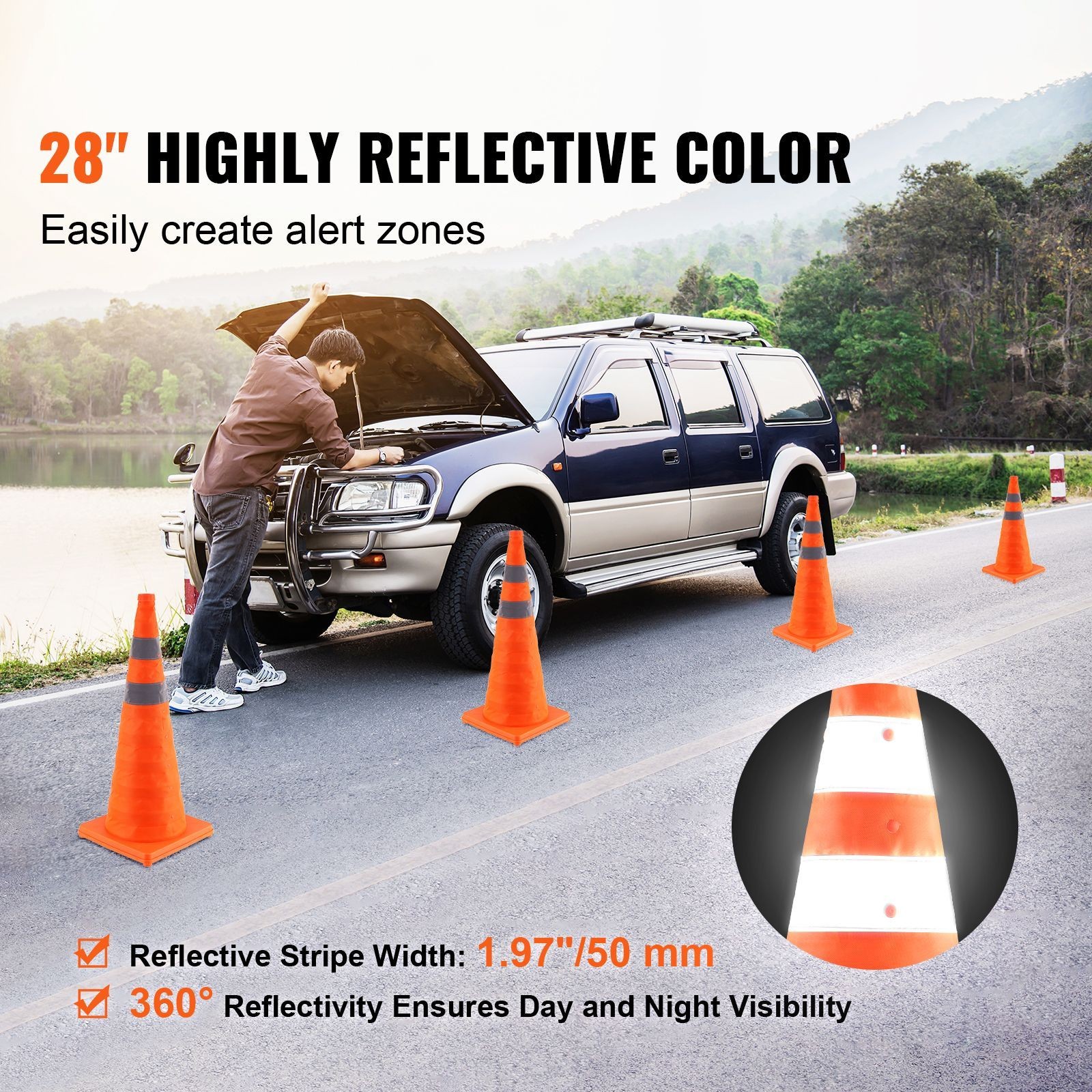 Collapsible 28in Safety Cones 4 Pack Reflective Storage Bag