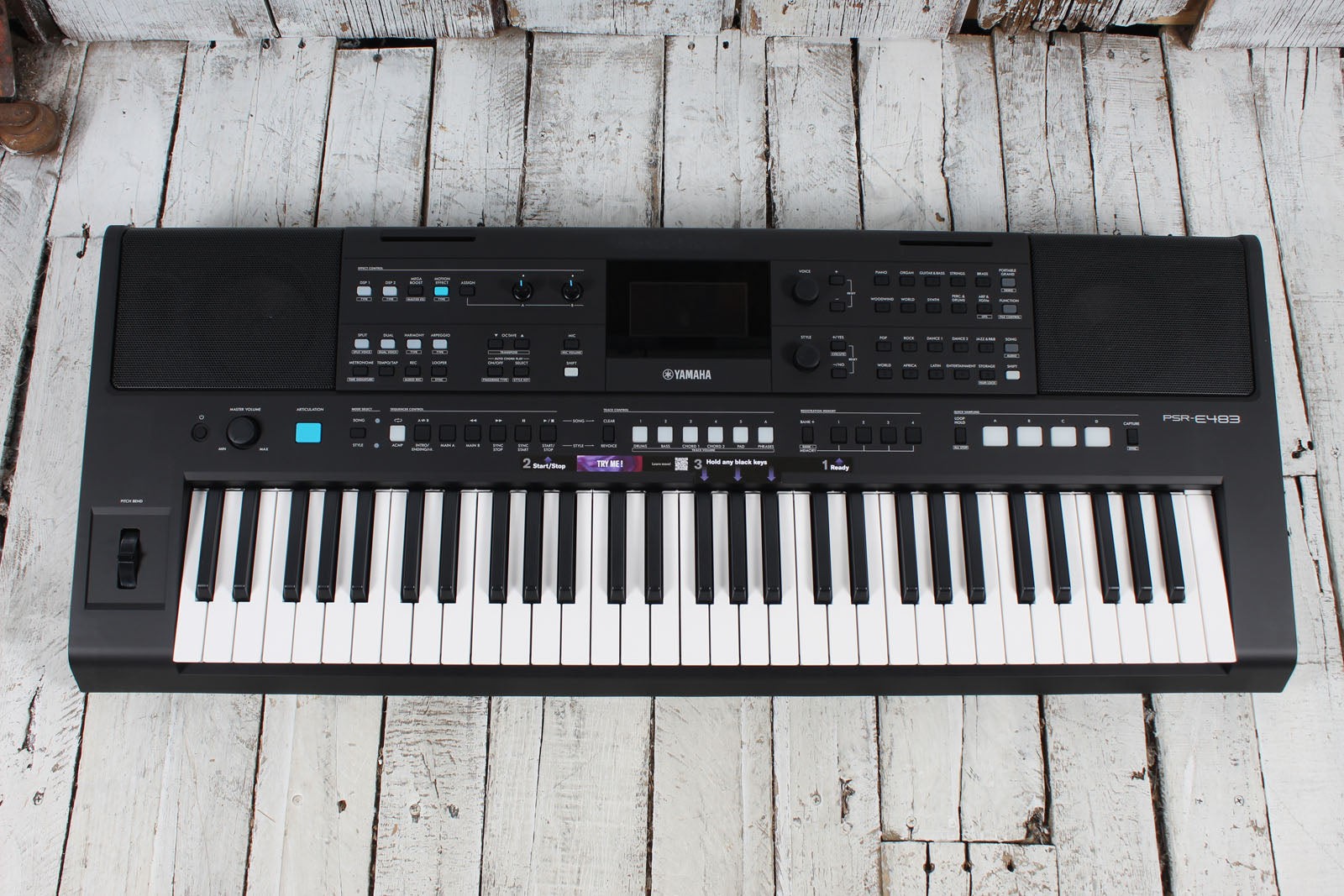 Yamaha PSR-E483 61 Key Portable Keyboard with Power Supply and Music Rest