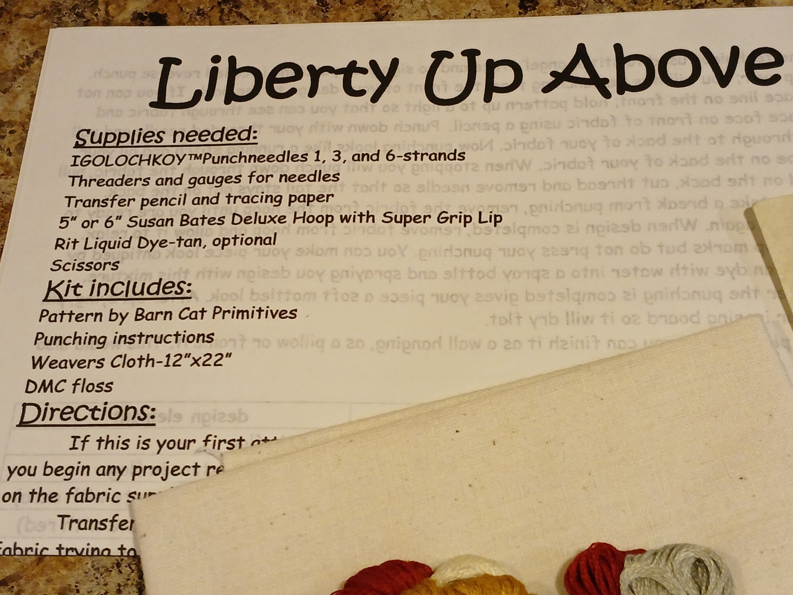 IGOLOCHKOY Punchneedles "Liberty Up Above" Kit Instructions Pattern Fabric Floss