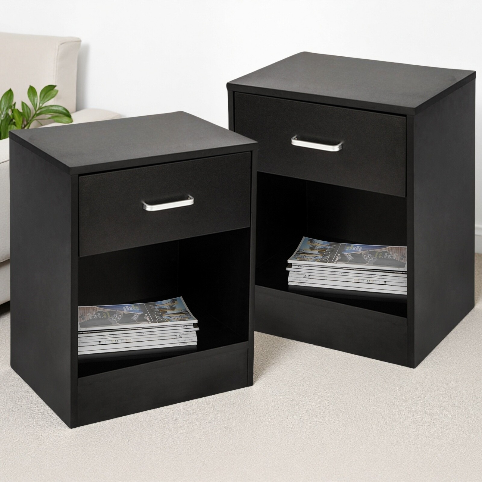 Set of 2 Nightstands - Black, MDF, 1-Drawer & Open Storage Space Beside Tables