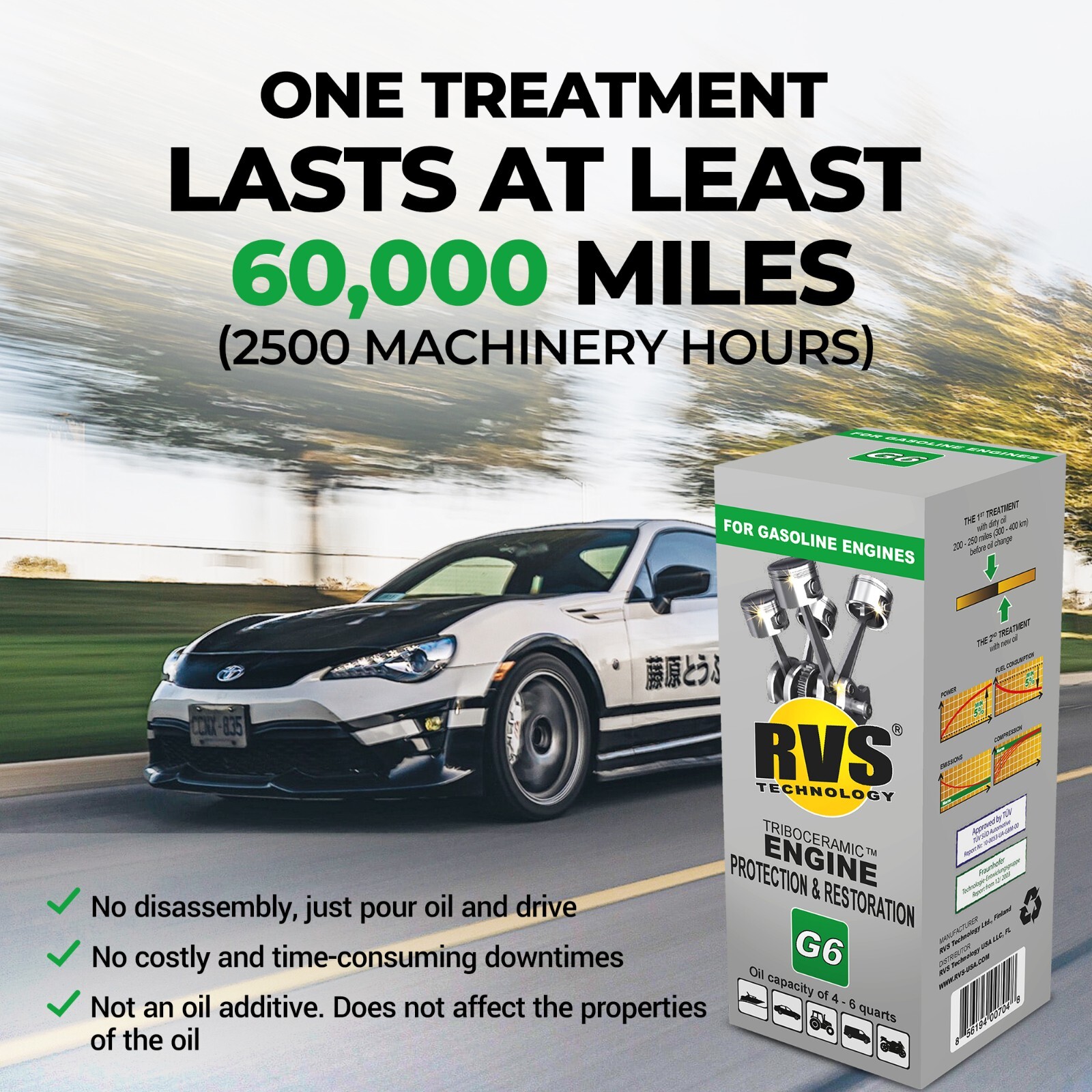 RVS Technology G6 engine treatment. Restore your engine, increase fuel economy!
