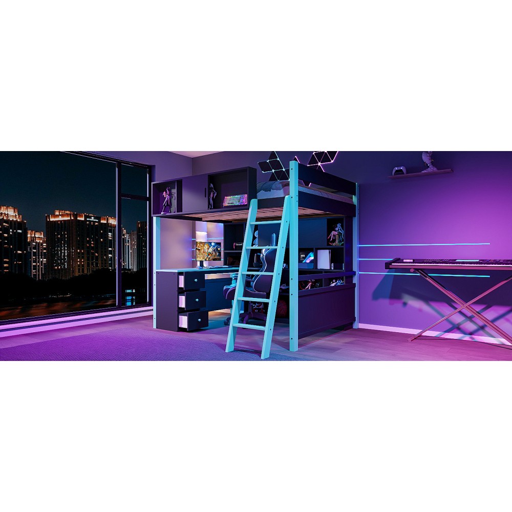 Full Size Wood Loft Bed with Desk, Ample Storage Space and Light Blue Bed Frame