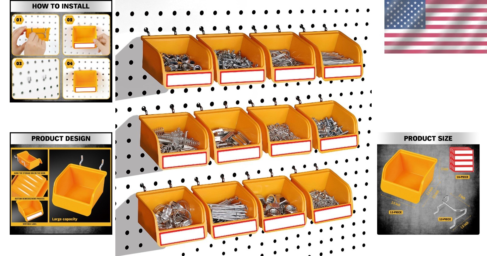 Versatile Pegboard Bins Storage Set - 12 Durable Bins with Labels Included
