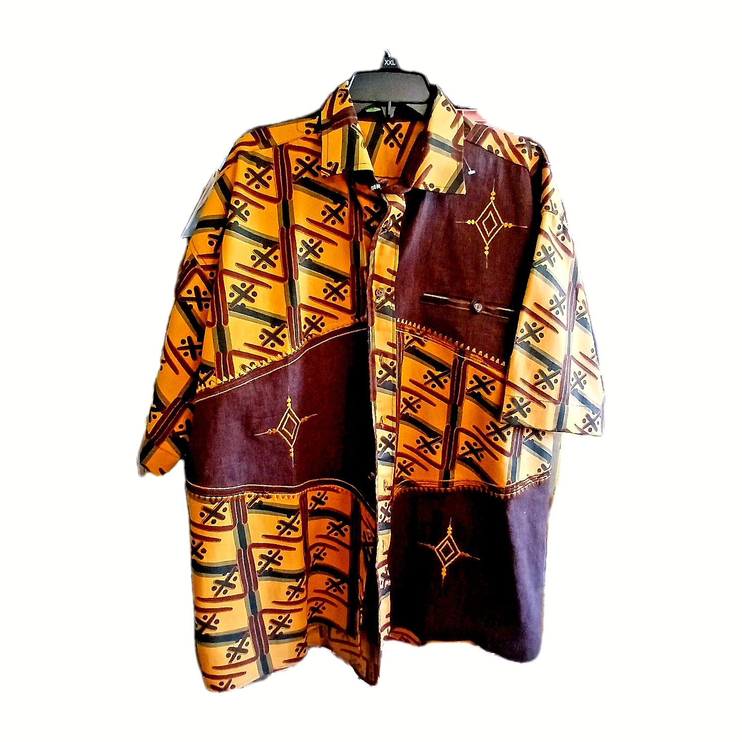 African Dashiki-Style Shirt Mens XXL/3XL Brown Gold Geometric Heavy Cotton