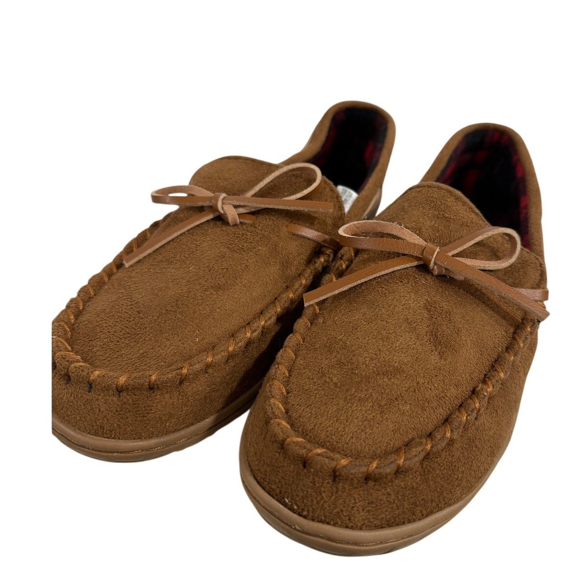 Restoration Cabin Tan Faux Suede Moc Slippers Men’s Size 8 Plaid Lined NWOT