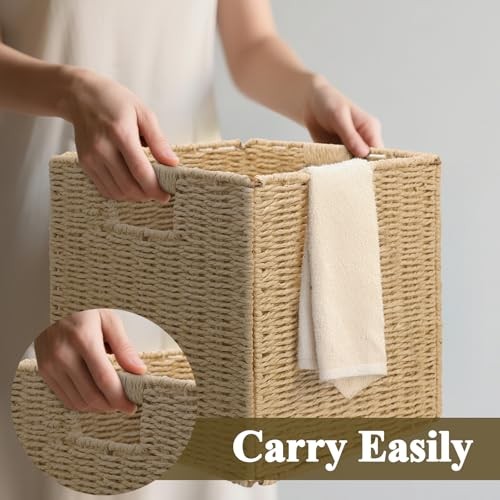 Wicker Storage Baskets for Organizing, 3 Pack Rustic Foldable Natural 11 inch