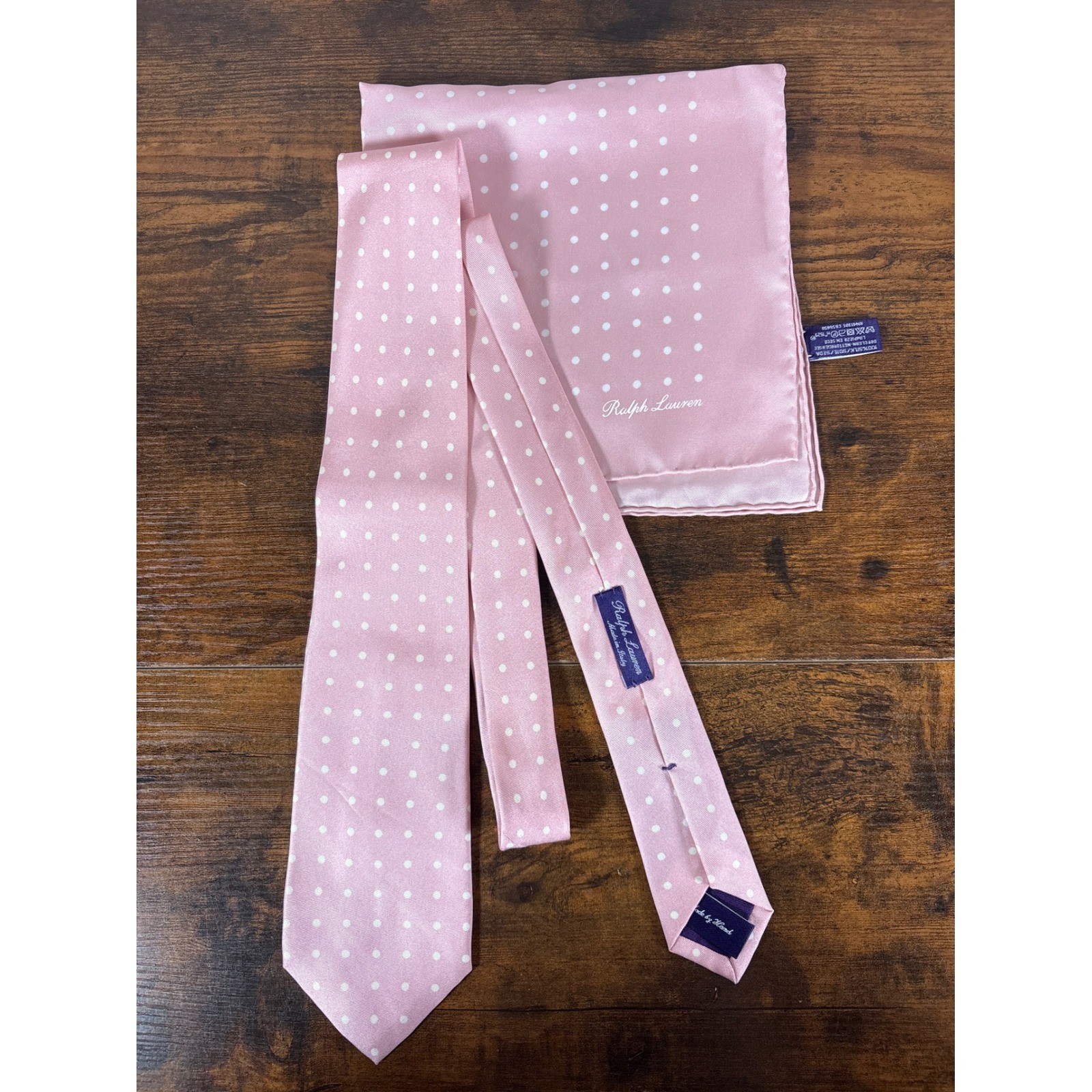 Ralph Lauren Purple Label Pink Polka Dot Silk Tie and Pocket Square Set Italy