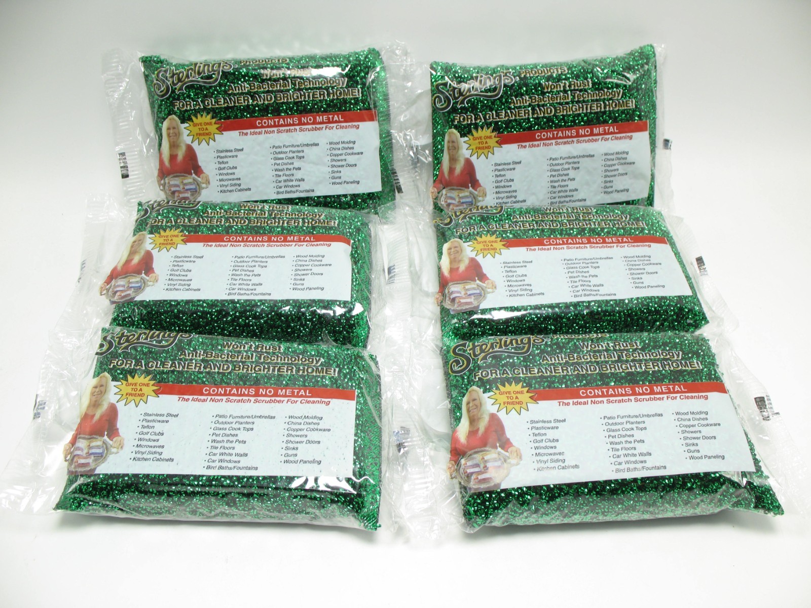 Lot of 6 Sterling's GREEN Sponges Scrubbers Scrub Pad Won't Rust Anti-Bacterial
