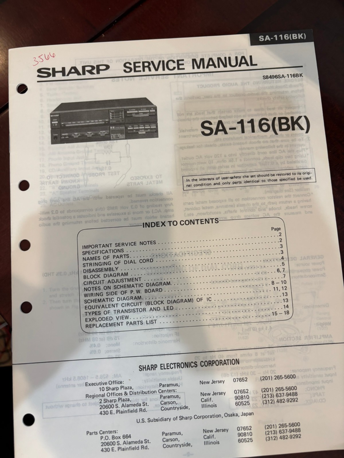 ORIG. SHARP SA-116 SA-116(BKI) SA116 BK Repair & Service Manual *ORIGINAL**