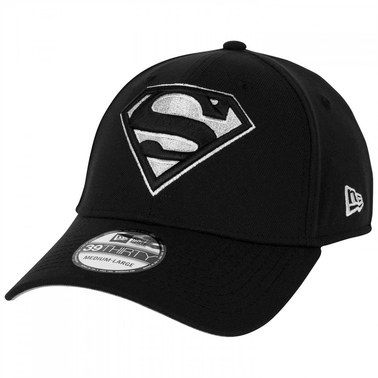 Superman Silver Logo New Era 39Thirty Fitted Hat Black
