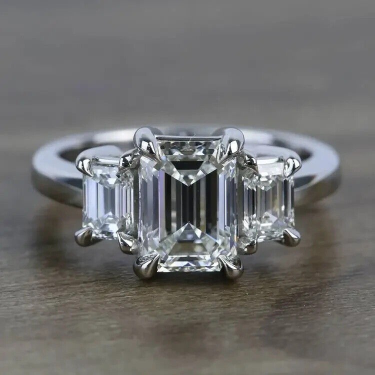 3.10 Ct Emerald Cut White Diamond Lab-Created Wedding Ring 925 Sterling Silver