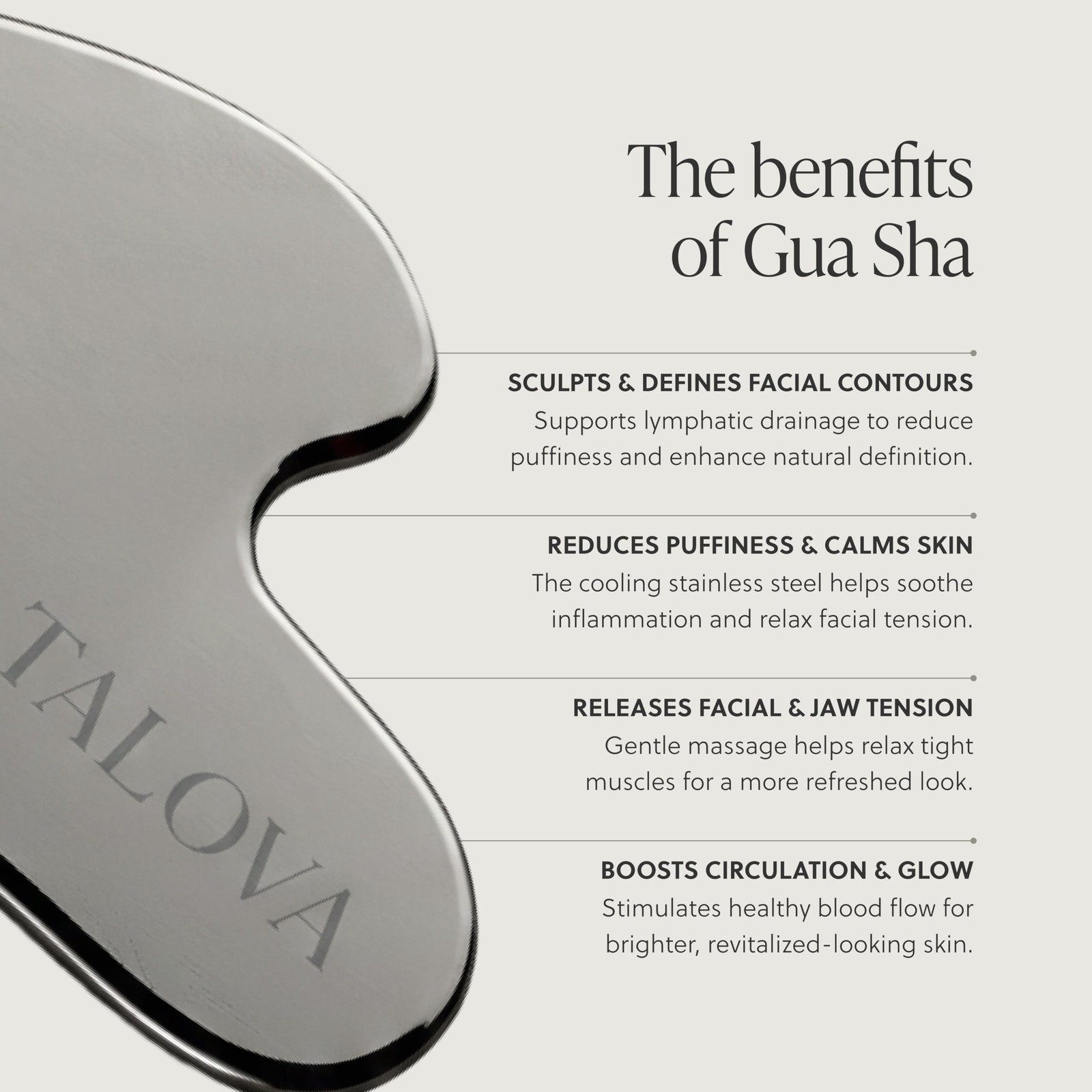 TALOVA - 304-Grade Stainless Steel Gua Sha Facial Tool, Easing Silver