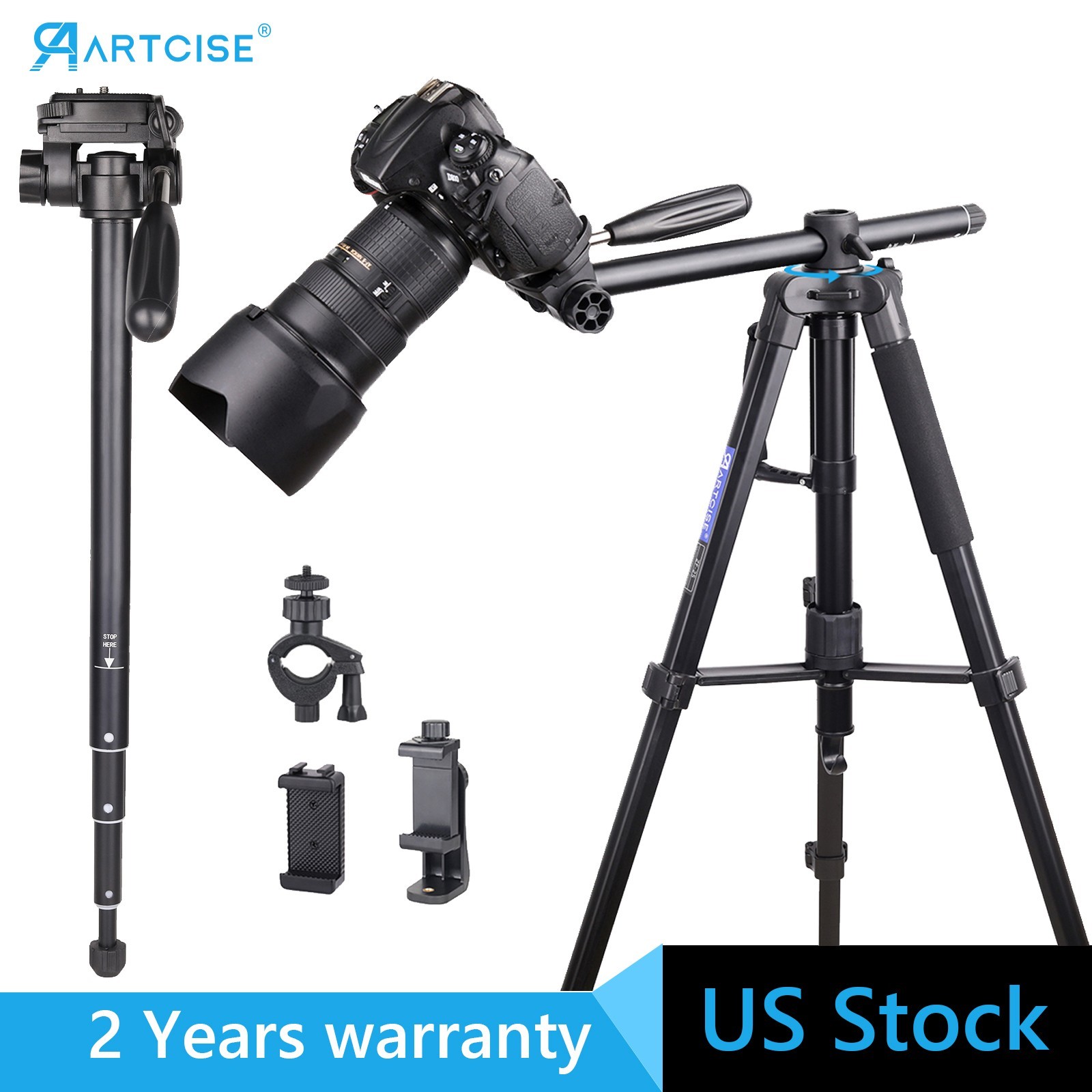 73.6" Camera Tripod Monopod Horizontal Tripod Aluminum Tripod Stand Video Tripod