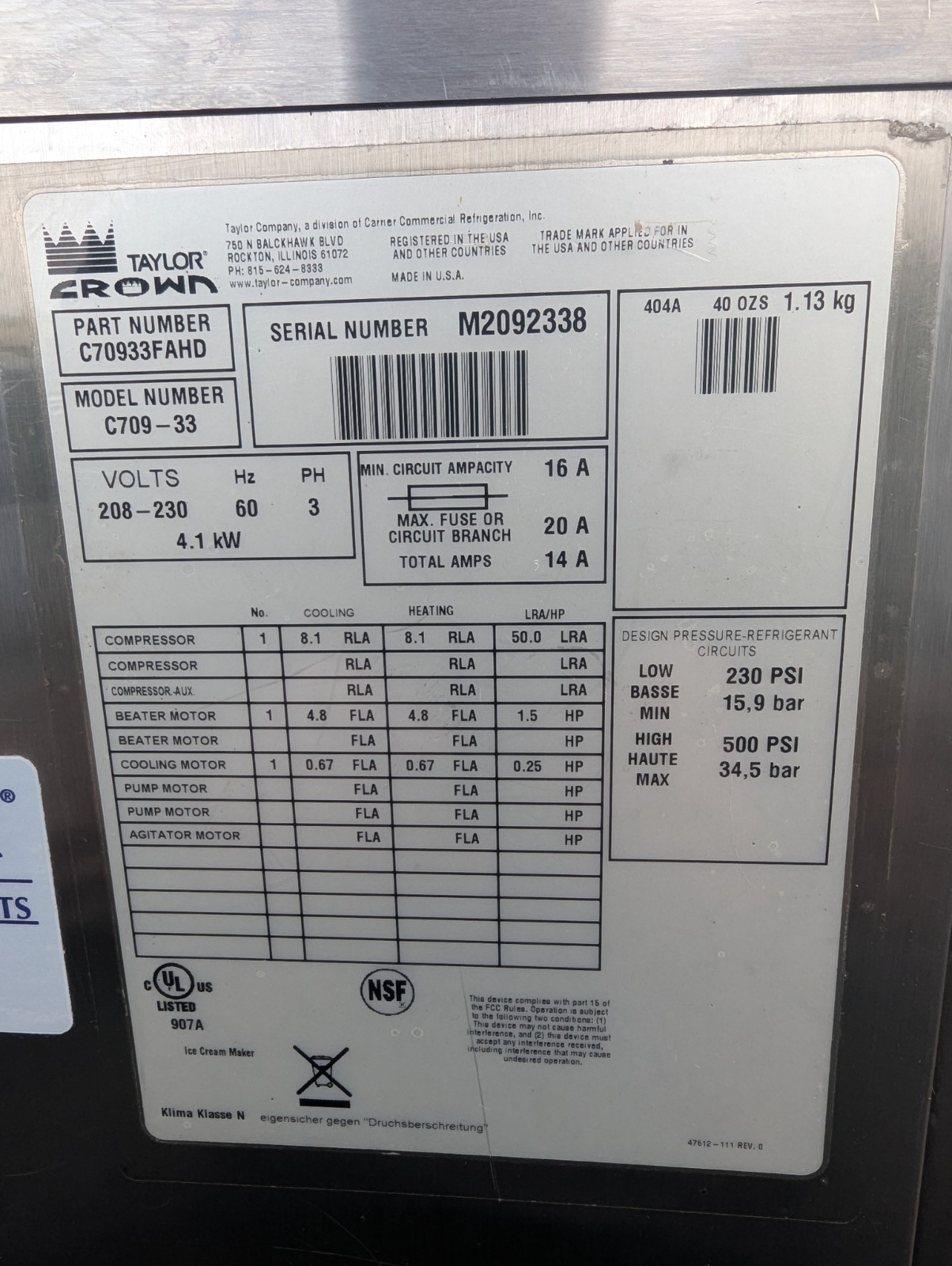 Taylor C709 Soft Serve Ice Cream Machine Single Phase Air Cooled Fully Tested