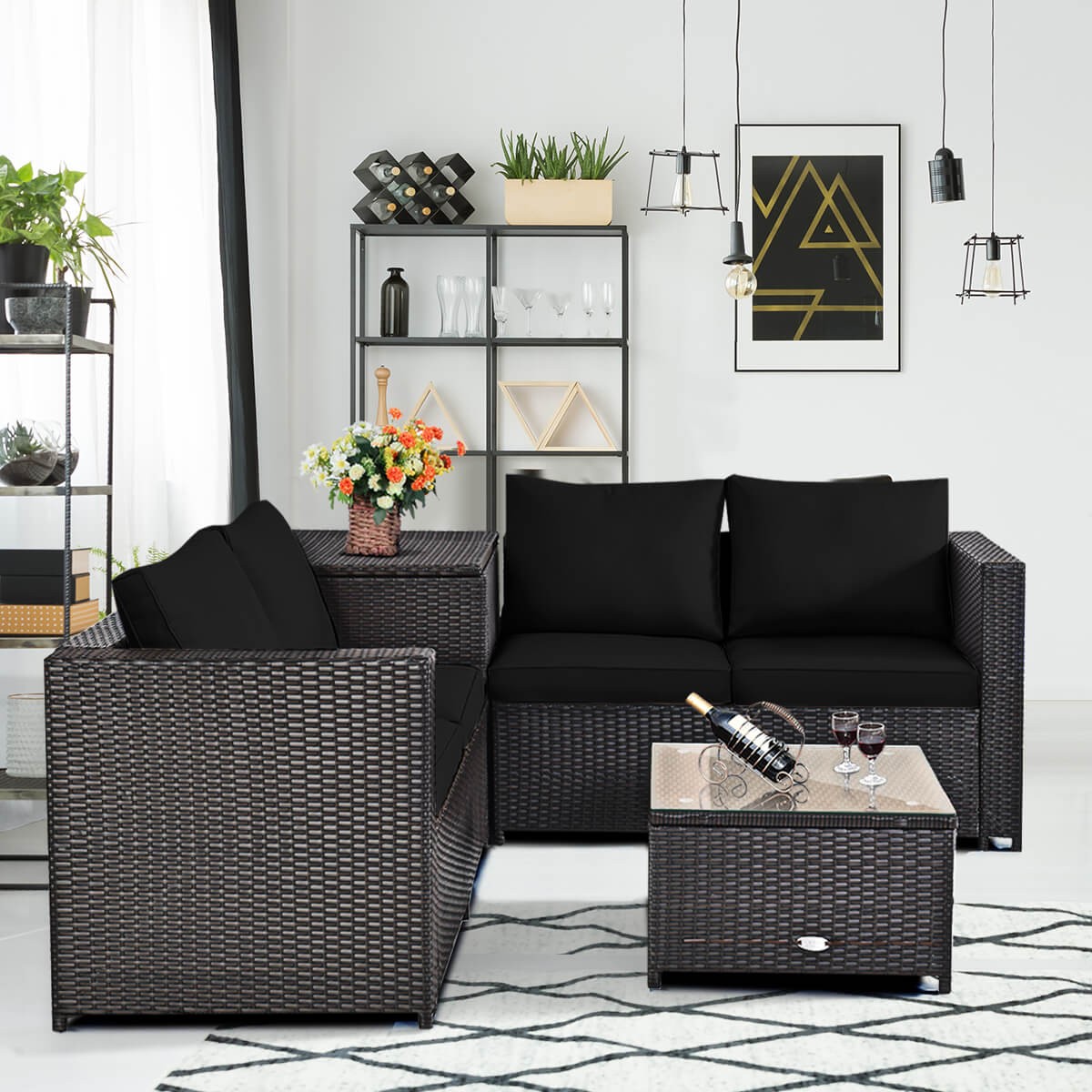 4PCS Outdoor Patio Rattan Furniture Set Cushioned Loveseat Storage Table Navy