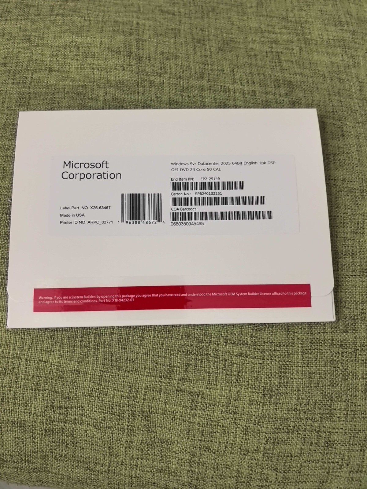 Windows Server 2025 datacenter 64bit 24 Core 50 cal DVD + PRODUCT LICENSE KEY