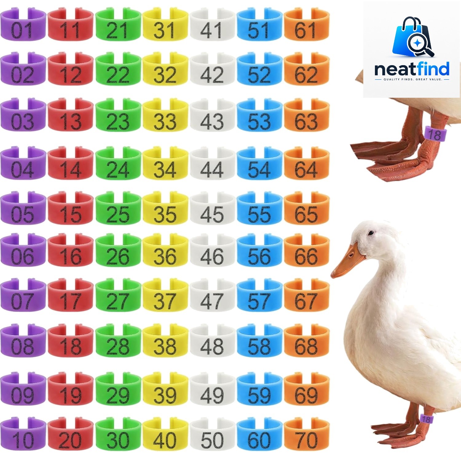 70 Pcs 20mm Duck Leg Rings Colorful 01-70 Numbered Duck Identification Leg Ba...