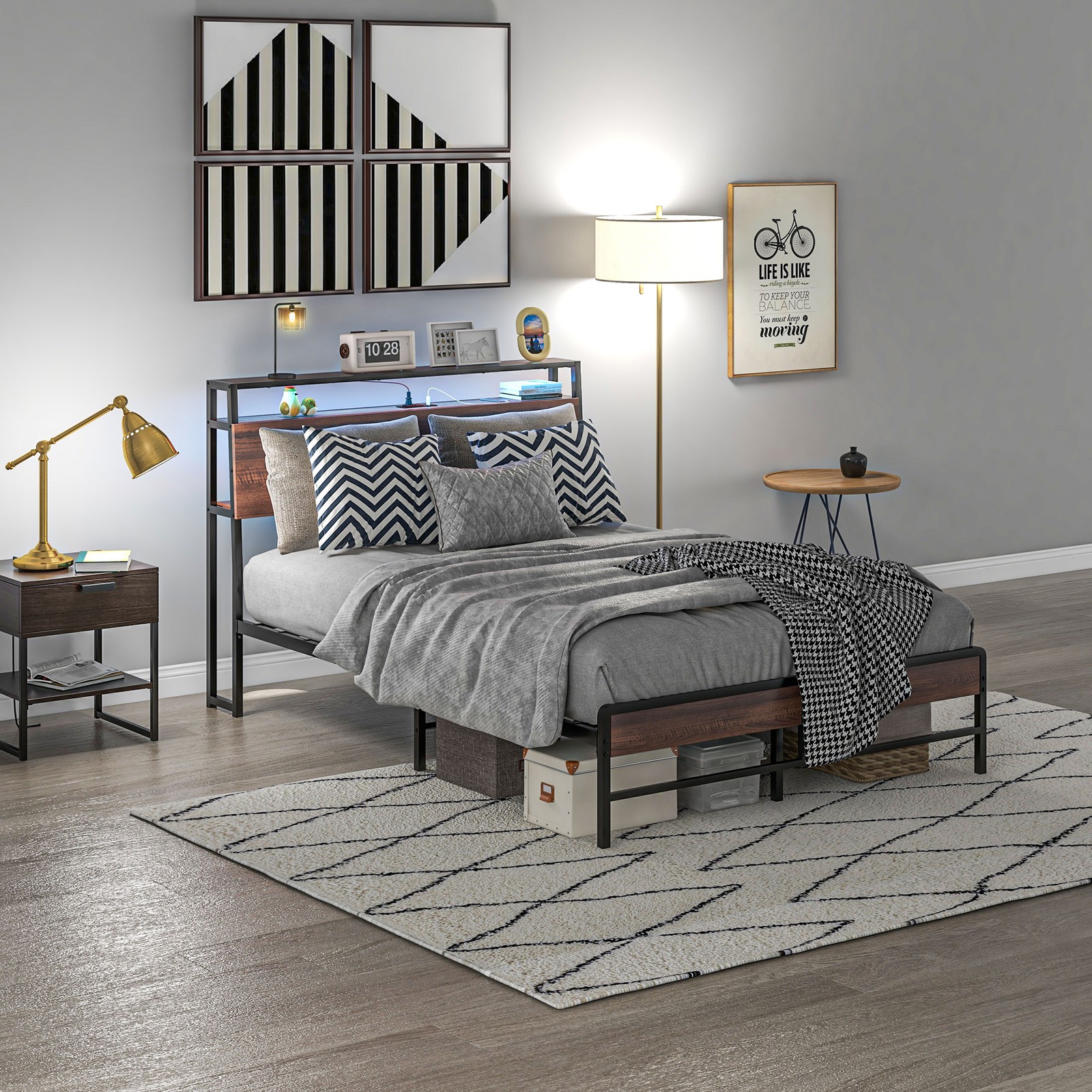Full Size Bed Frame with Headboard, Platform Bed Frame with LED Lights