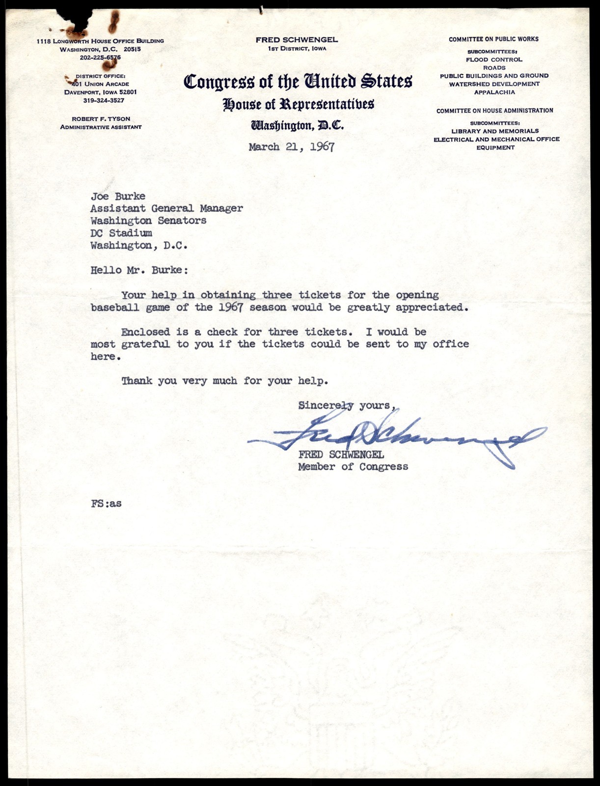 Fred Schwengel Signed U.S. House of Reps 1967 Letter to Joe Burke *CF274