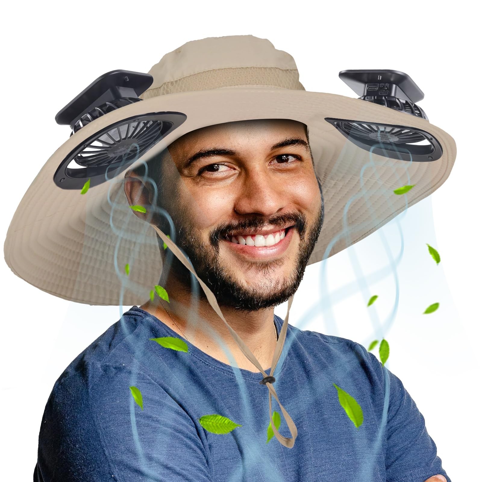 Wide Brim Outdoor Solar Fan Hat, UPF 50+ Fishing Hat for Man with 2 Solar Fan...
