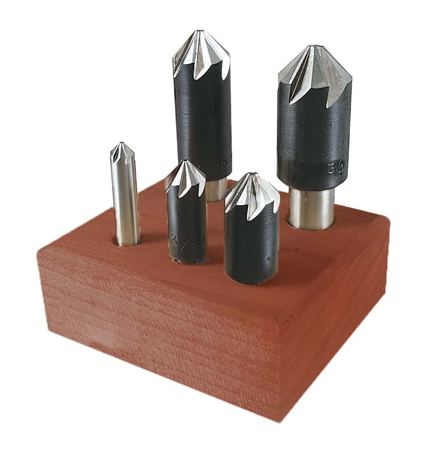 Chatterless Countersink Set 100 Degree 6 Flute 5 Pieces 1/4 3/8 1/2 5/8 3/4 USA