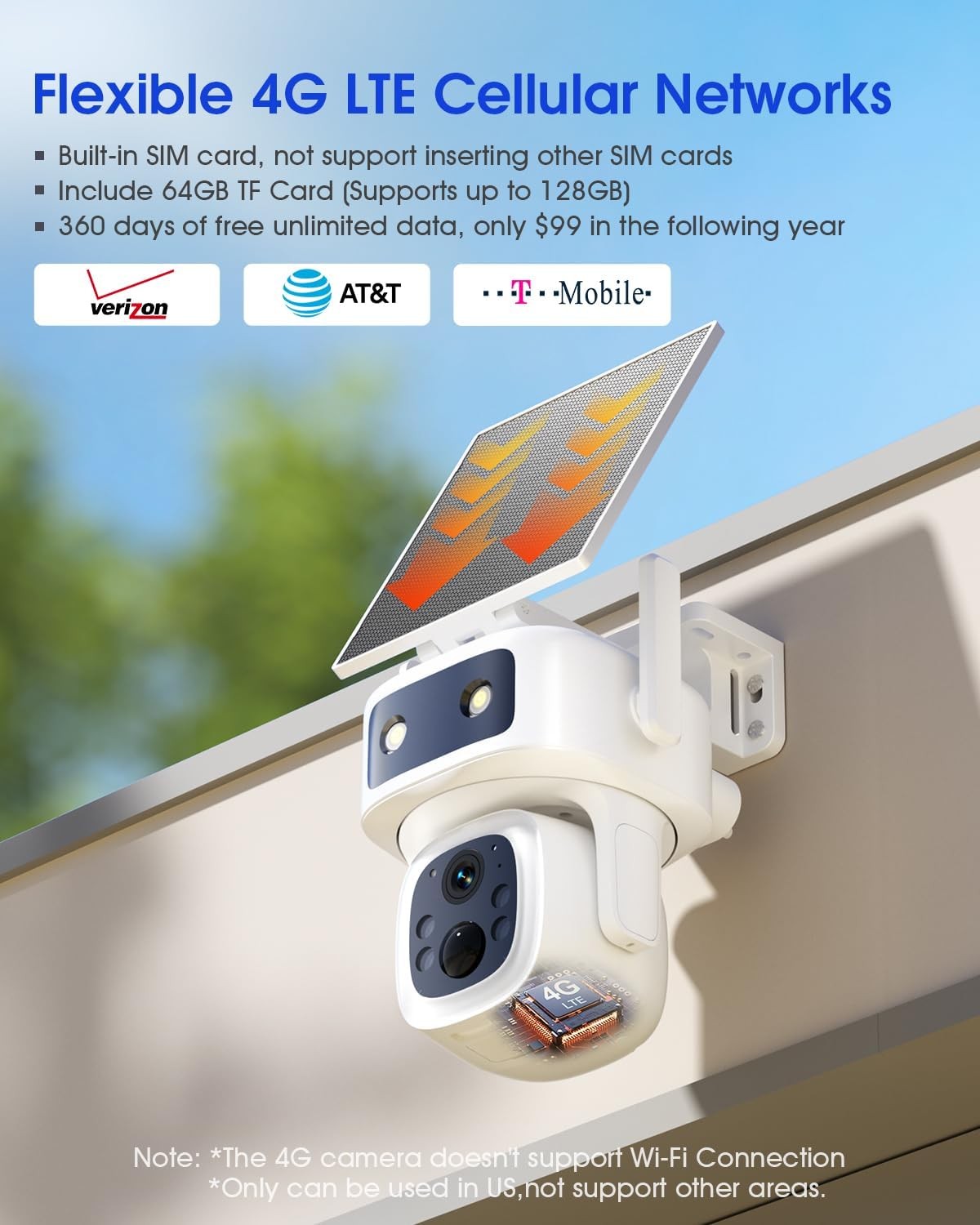 4G LTE CCTV Security Camera Outdoor Solar Battery Wireless 365 Days Free Data